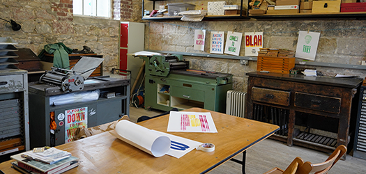 An image of a letterpress workspace is for hire at Ocean Studios